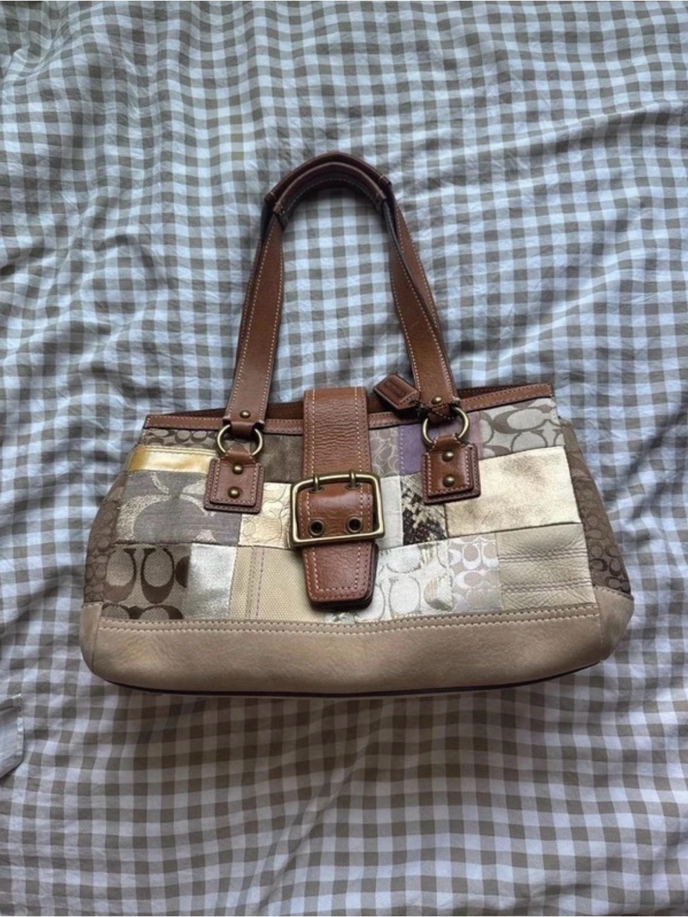 Coach Patchwork Signature Shoulder Bag in Brown and Beige